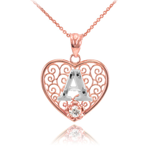 Two Tone Rose Gold Filigree Heart "A" Initial CZ Pendant Necklace