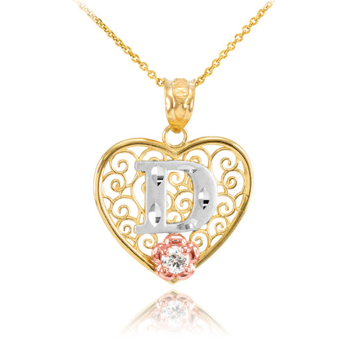 Two Tone Yellow Gold Filigree Heart "D" Initial CZ Pendant Necklace