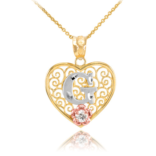 Two Tone Yellow Gold Filigree Heart "G" Initial CZ Pendant Necklace