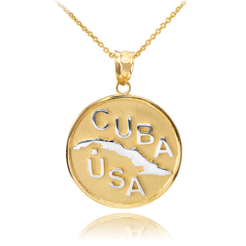 Two Tone Yellow Gold CUBA-USA Medallion Pendant Necklace