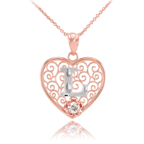 Two Tone Rose Gold Filigree Heart "L" Initial CZ Pendant Necklace
