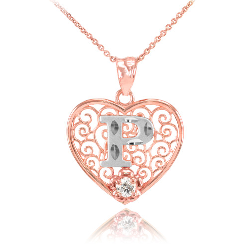 Two Tone Rose Gold Filigree Heart "P" Initial CZ Pendant Necklace