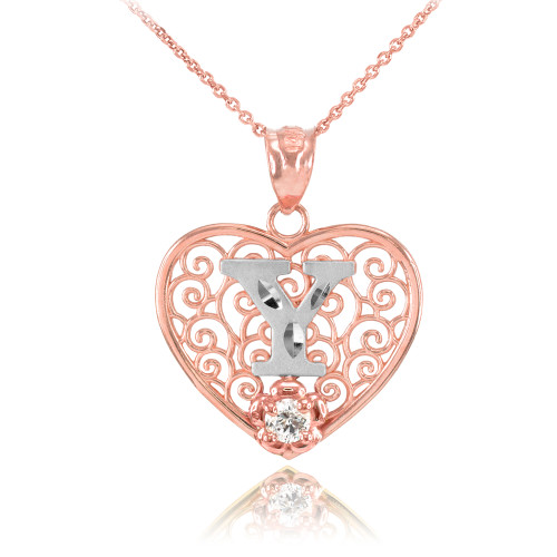 Two Tone Rose Gold Filigree Heart "Y" Initial CZ Pendant Necklace