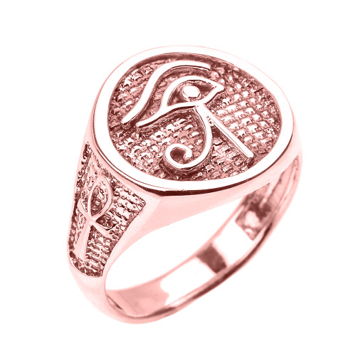 Rose Gold Eye of Horus with Egyptian Ankh Crosses Men's Ring