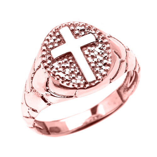 Rose Gold Textured Band Oval Christian Religious Cross Men's Ring