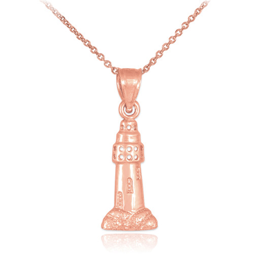 Polished Rose Gold Lighthouse Charm Pendant Necklace