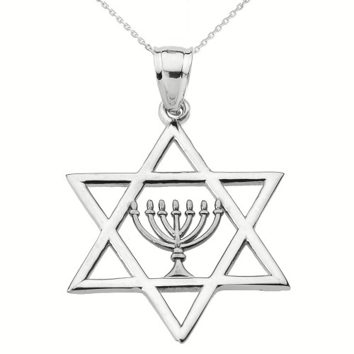 White Gold Star of David with Menorah Pendant Necklace