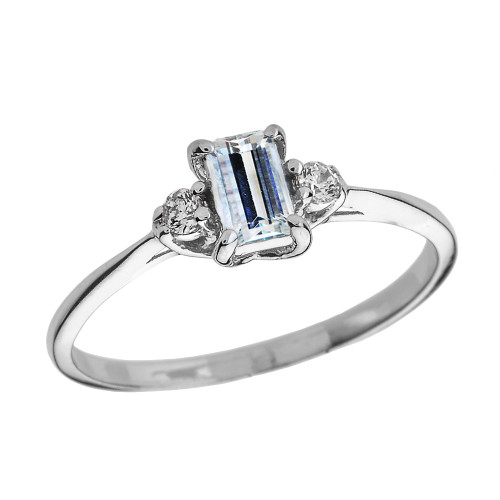 White Gold Diamond and Aquamarine Proposal and Birthstone Ring