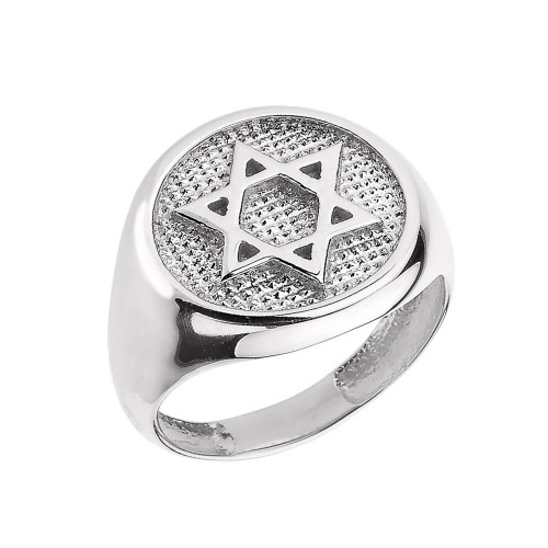 Solid Whtie Gold Jewish Star of David Men's Ring