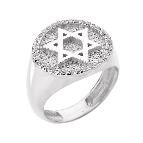 Solid White Gold Jewish Star of David Men's Diamond Ring