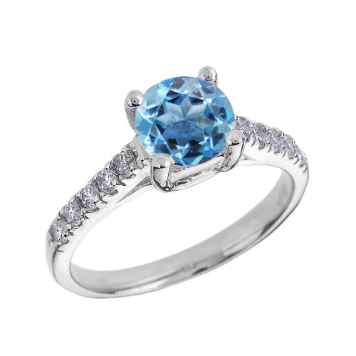 White Gold Diamond and Blue Topaz Solitaire Engagement Ring