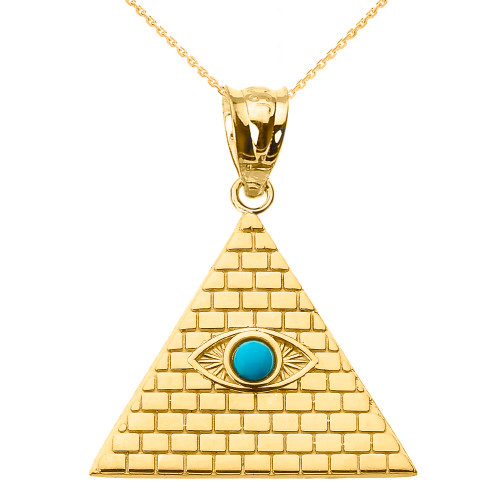 Yellow Gold Egyptian Pyramid with Turquoise Evil Eye Pendant