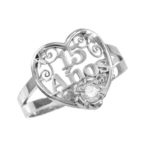 White Gold Quinceanera 15 Anos Heart CZ Ring