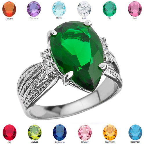 Sterling Silver Diamond and Pear Shaped Lab Created Emerald Birthstone Engagement Ring