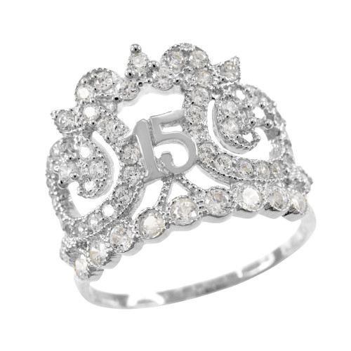 White Gold Crown 15 Anos CZ Ring