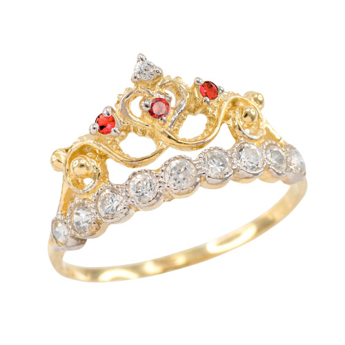 Red CZ Gold Crown Ring