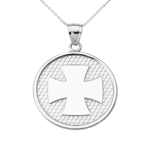 White Gold Iron Cross Round Pendant Necklace