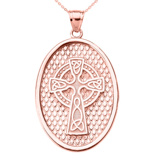 Rose Gold Trinity Knot Celtic Cross Oval Pendant Necklace