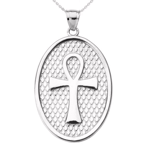 White Gold Egyptian Ankh Cross Oval Pendant Necklace