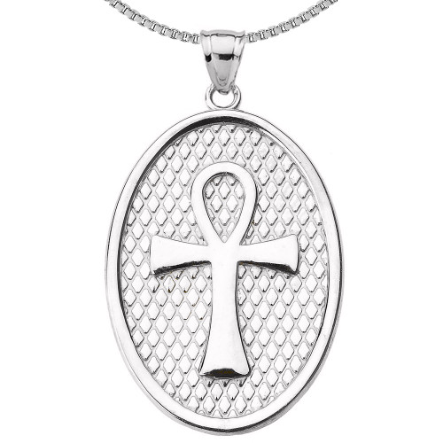 Sterling Silver Egyptian Ankh Cross Oval Pendant Necklace