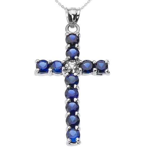 10k White Gold Diamond and Blue CZ Cross Pendant Necklace