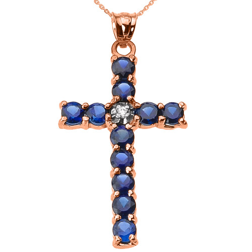 10k Rose Gold Diamond and Blue CZ Cross Pendant Necklace