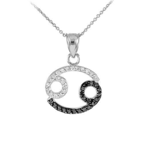14K White Gold Cancer Zodiac Sign Black Diamond Pendant Necklace