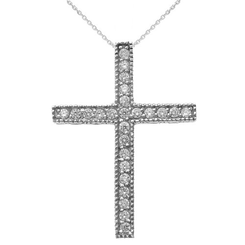 White Gold Milgrain Edged Diamond Cross Pendant Necklace