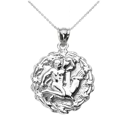 Sterling Silver Aquarius February Zodiac Sign Round Pendant Necklace