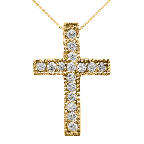 Yellow Gold Milgrain Edged Diamond Cross Pendant Necklace (Small)