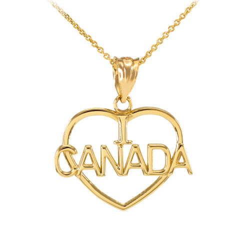 Yellow Gold Open Heart Shaped I Love CANADA Pendant Necklace