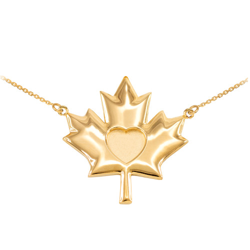 Solid 14k Yellow Gold Heart Maple Leaf Necklace