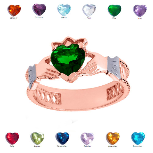Rose Gold Lab Created Green CZ Celtic Design Claddagh Proposal Ring