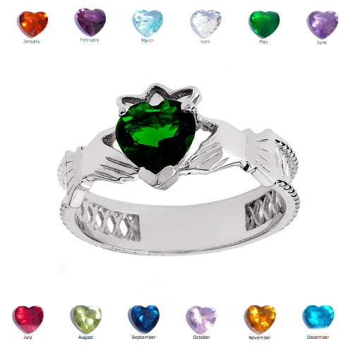 White Gold Lab Created Green CZ Celtic Design Claddagh Proposal Ring