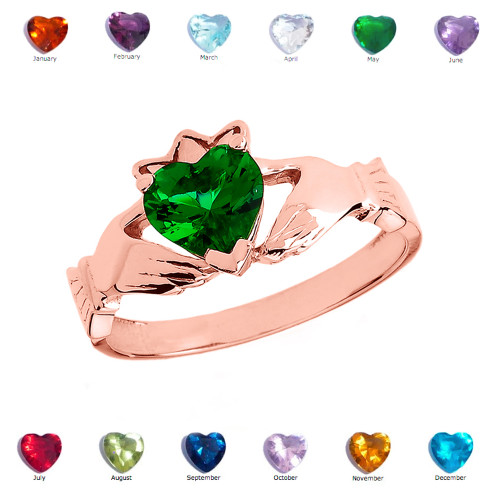 Rose Gold Green CZ Claddagh Proposal Ring