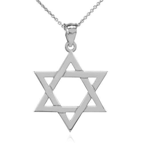 Solid White Gold Jewish Star of David Pendant Necklace (Medium)