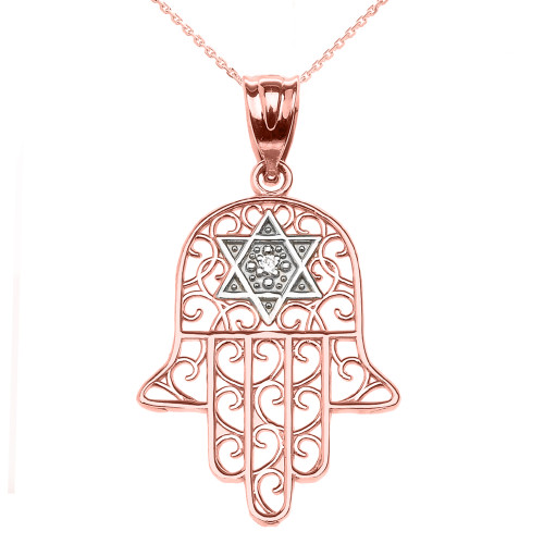 Rose Gold Hamsa Hand With Star of David Pendant Necklace