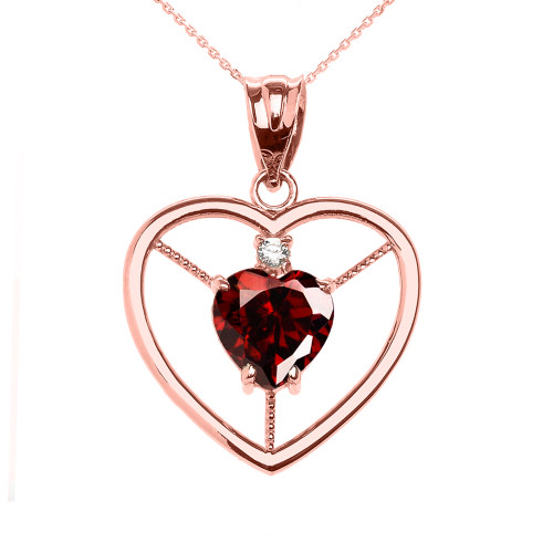 Elegant Rose Gold Garnet and Diamond Solitaire Heart Pendant Necklace