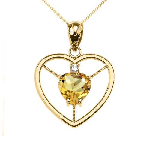 Elegant Yellow Gold Citrine and Diamond Solitaire Heart Pendant Necklace