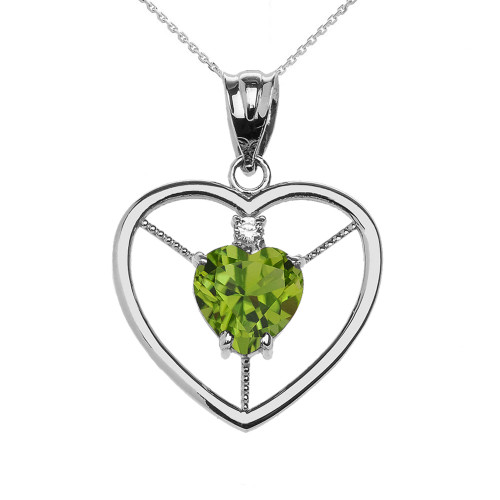 Elegant Sterling Silver Diamond and August Birthstone Light Green Heart Solitaire Pendant Necklace