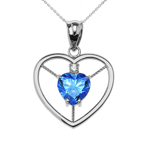 Elegant Sterling Silver Diamond and December Birthstone Light Blue Heart Solitaire Pendant Necklace