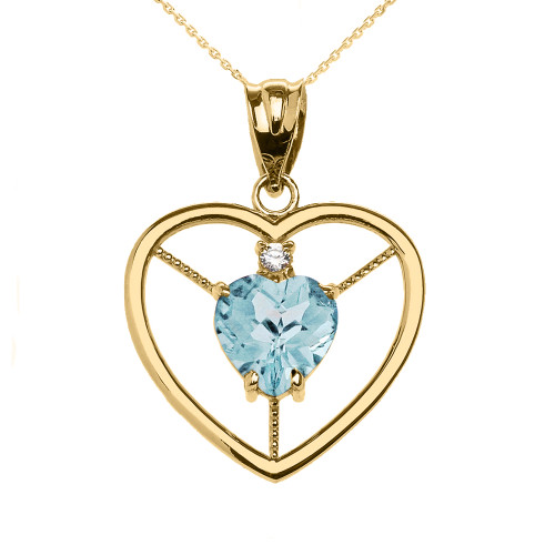 Elegant Yellow Gold Diamond and March Birthstone Light Blue Aqua Heart Solitaire Pendant Necklace