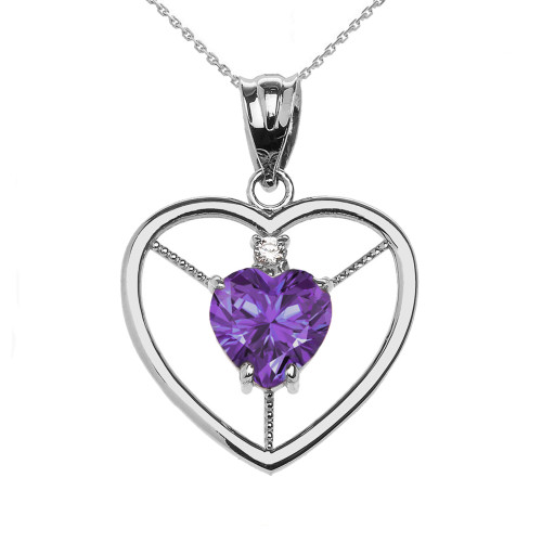 Elegant White Gold Diamond and June Birthstone Light Purple CZ Heart Solitaire Pendant Necklace