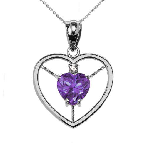 Elegant Sterling Silver Diamond and June Birthstone Light Purple CZ Heart Solitaire Pendant Necklace