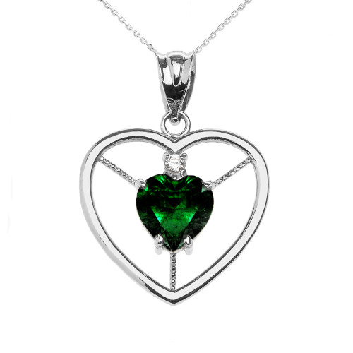 Elegant White Gold Diamond and May Birthstone Green CZ Heart Solitaire Pendant Necklace