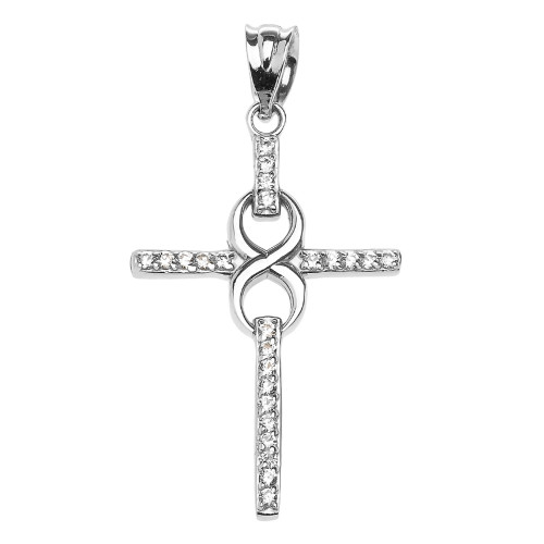 White Gold and CZ Infinity Cross Pendant Necklace