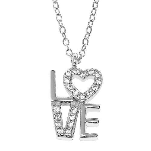 Sterling Silver and CZ LOVE Heart Pendant Necklace