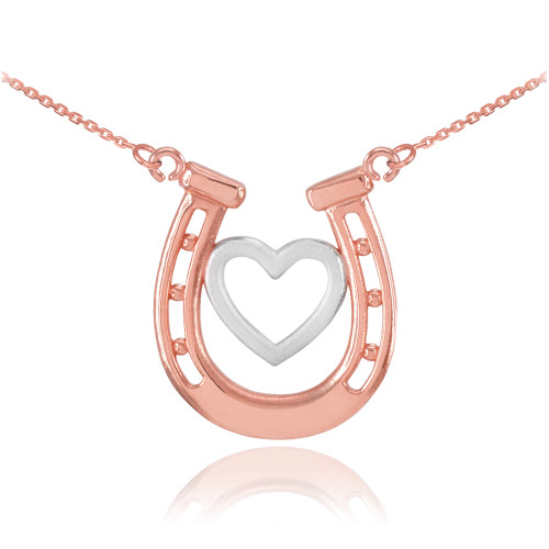 14k Two-Tone Rose Gold Lucky Charm Horseshoe with Heart Necklace