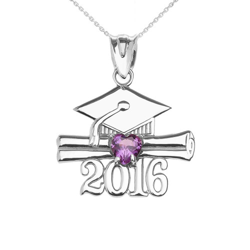 White Gold Heart February Birthstone Purple Cz Class of 2016 Graduation Pendant Necklace