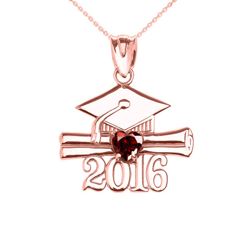 Rose Gold Heart January Birthstone Garnet Cz Class of 2016 Graduation Pendant Necklace